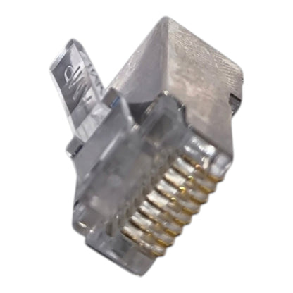 A single RJ45 Ethernet connector with a clear plastic housing and gold-plated pins, shown on a plain white background.