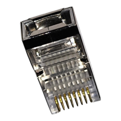 A single RJ45 Ethernet connector with a clear plastic housing and gold-plated pins, shown on a plain white background.