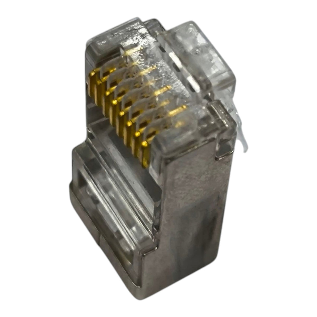 A single RJ45 Ethernet network connector with gold-plated pins visible through a clear plastic housing, isolated on a white background.