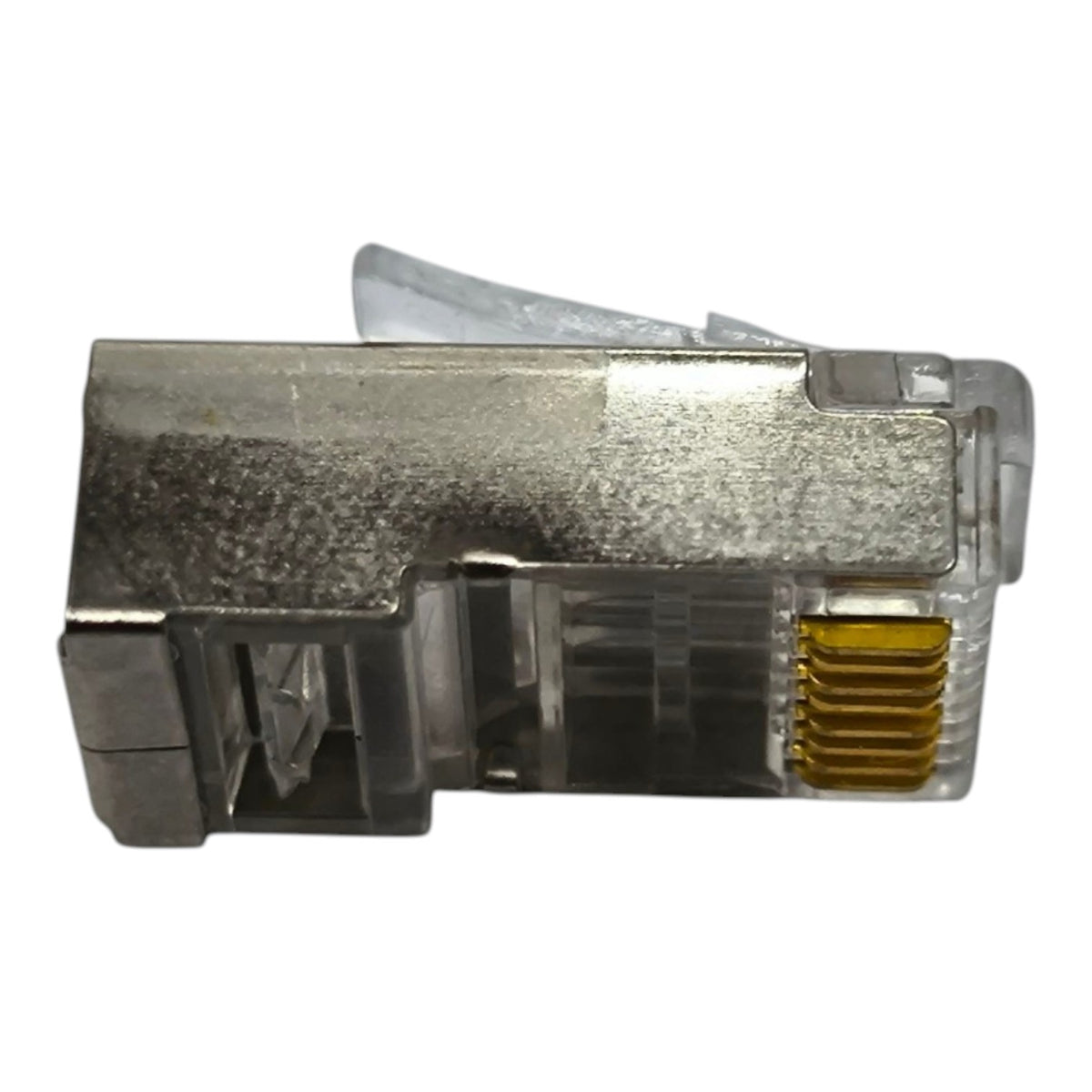 A single RJ45 Ethernet network connector with a silver metal housing, clear plastic jacket, and gold-plated internal contacts, shown on a plain white background.