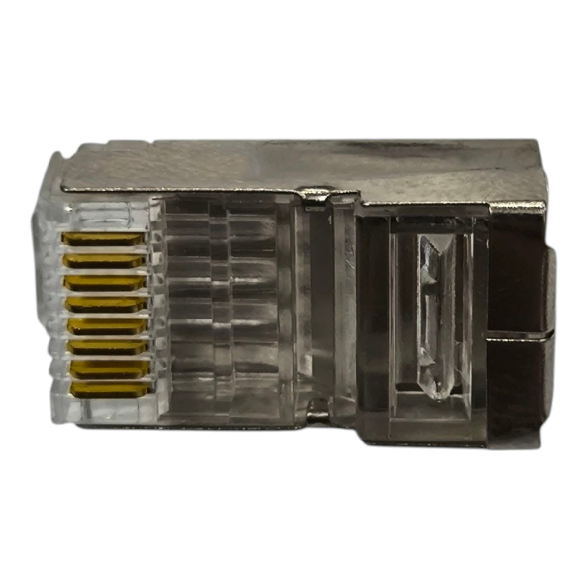 A single RJ45 Ethernet network connector with a transparent plastic housing and gold-plated pins, shown against a plain white background.
