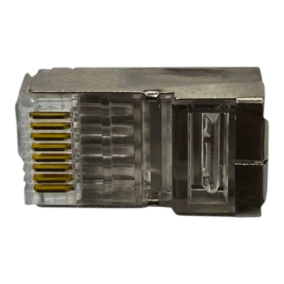 A single RJ45 Ethernet network connector with a transparent plastic housing and gold-plated pins, shown against a plain white background.