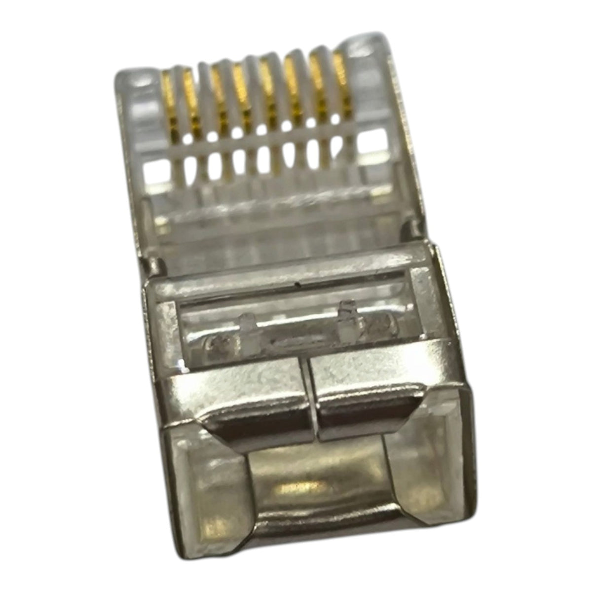 A single RJ45 Ethernet network connector with gold-plated pins and a clear plastic housing, isolated on a white background.