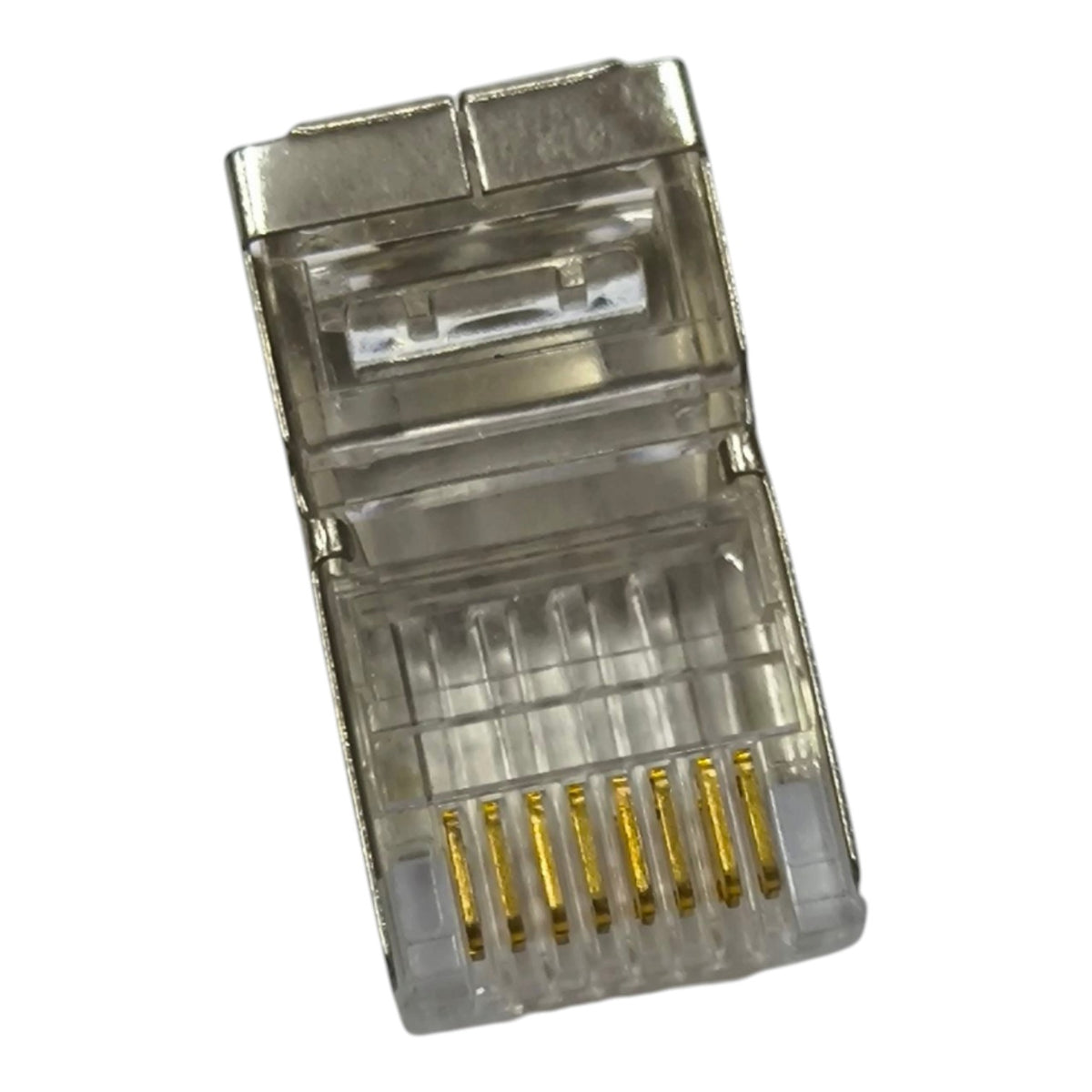 A single RJ45 Ethernet network connector with a transparent plastic housing and gold-plated pins, isolated on a white background.