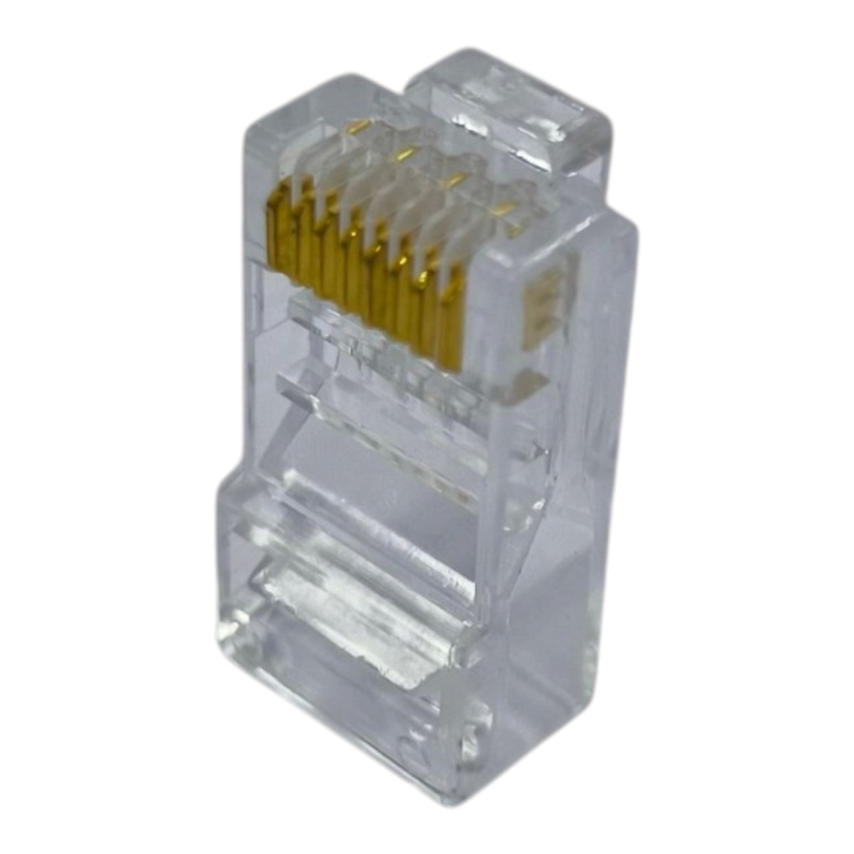 A single RJ45 Ethernet connector with a transparent plastic housing and gold-plated pins, shown on a plain white background.