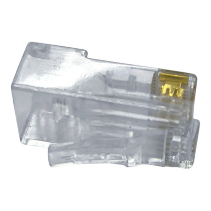 A single RJ45 network connector with a transparent plastic housing and a gold-plated metal contact point, shown on a plain white background.