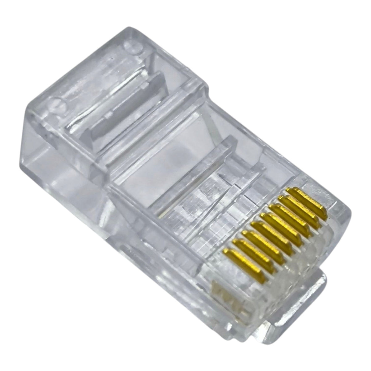 A single RJ45 Ethernet connector with a clear plastic housing and gold-plated pins, shown on a plain white background.
