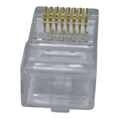 A single RJ45 network module connector with gold-plated pins in a clear plastic housing, isolated on a white background.