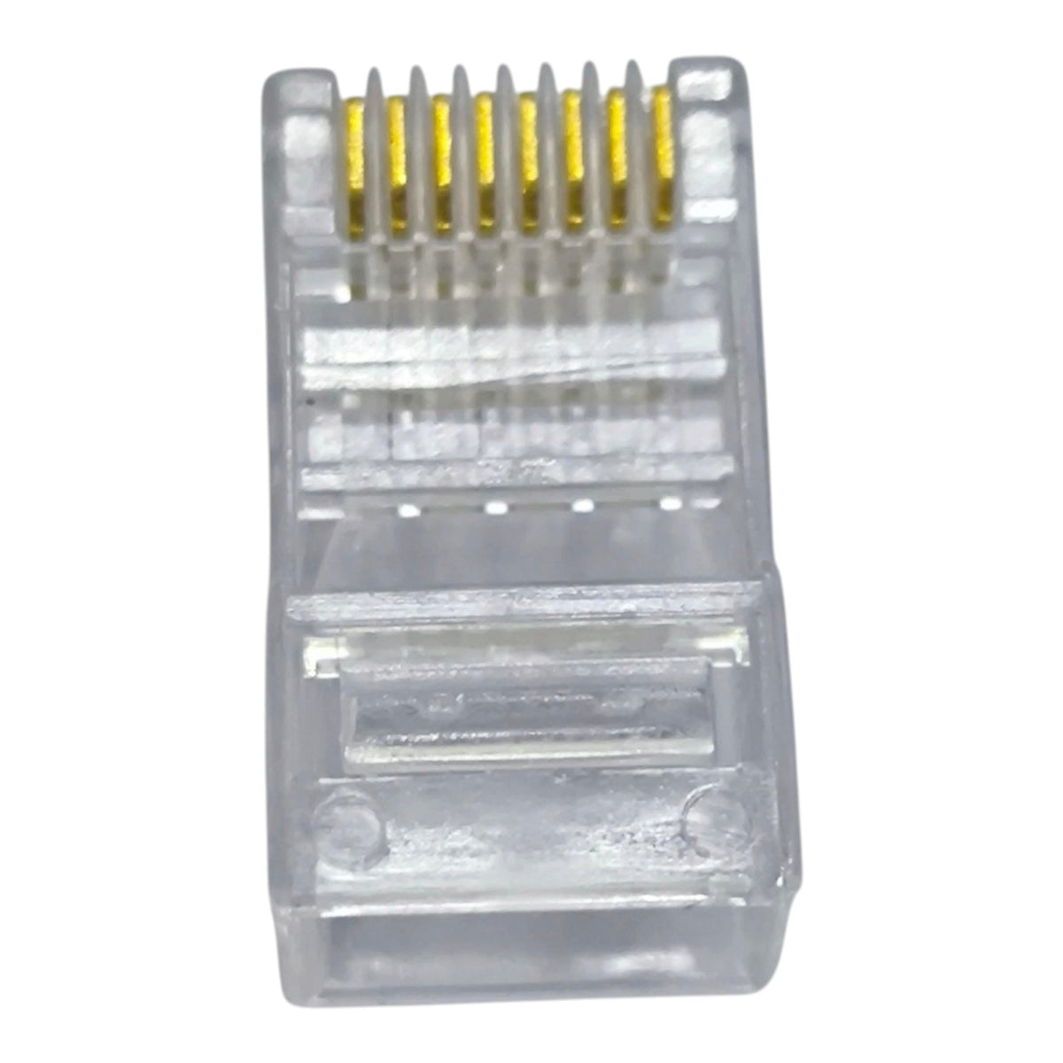 A single RJ45 Ethernet connector with a clear plastic housing and gold-plated pins, shown against a plain white background.