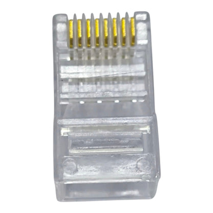 A single RJ45 Ethernet connector with a clear plastic housing and gold-plated pins, shown against a plain white background.