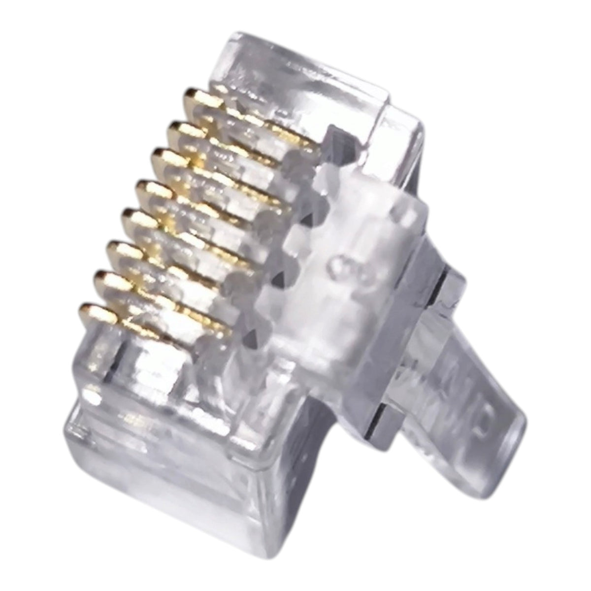 A clear RJ45 Ethernet connector with gold-plated pins, shown on a plain white background.