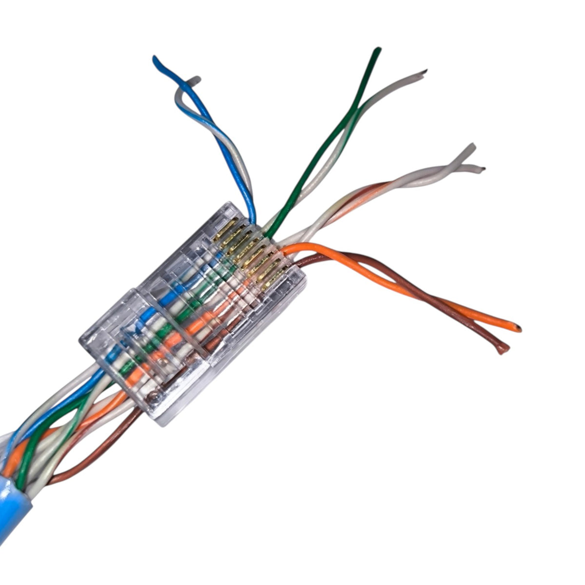 A RJ45 Ethernet patch cable connector with multi-colored twisted pair wires visible through a clear plastic housing, isolated on a white background.