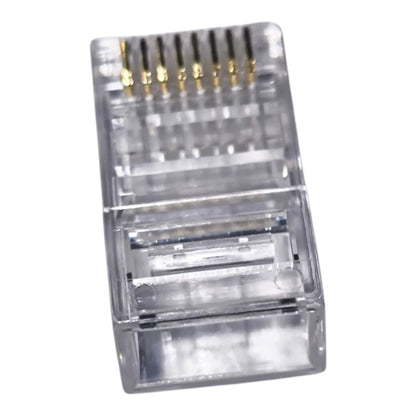 A clear plastic RJ45 Ethernet connector with gold-plated pins, shown on a plain white background.