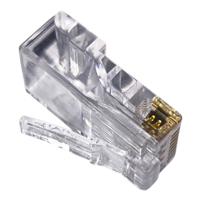 A single RJ45 Ethernet network connector with a transparent clear plastic housing and gold-plated metal contacts, shown on a plain white background.