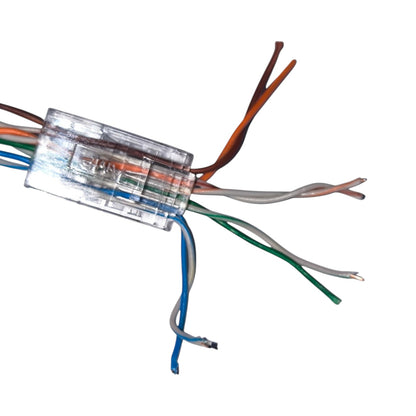 A clear plastic multi-core CAT6 cable connector showing the internal twisted pairs of orange, white, green, and blue wires extending from the transparent housing on a white background.