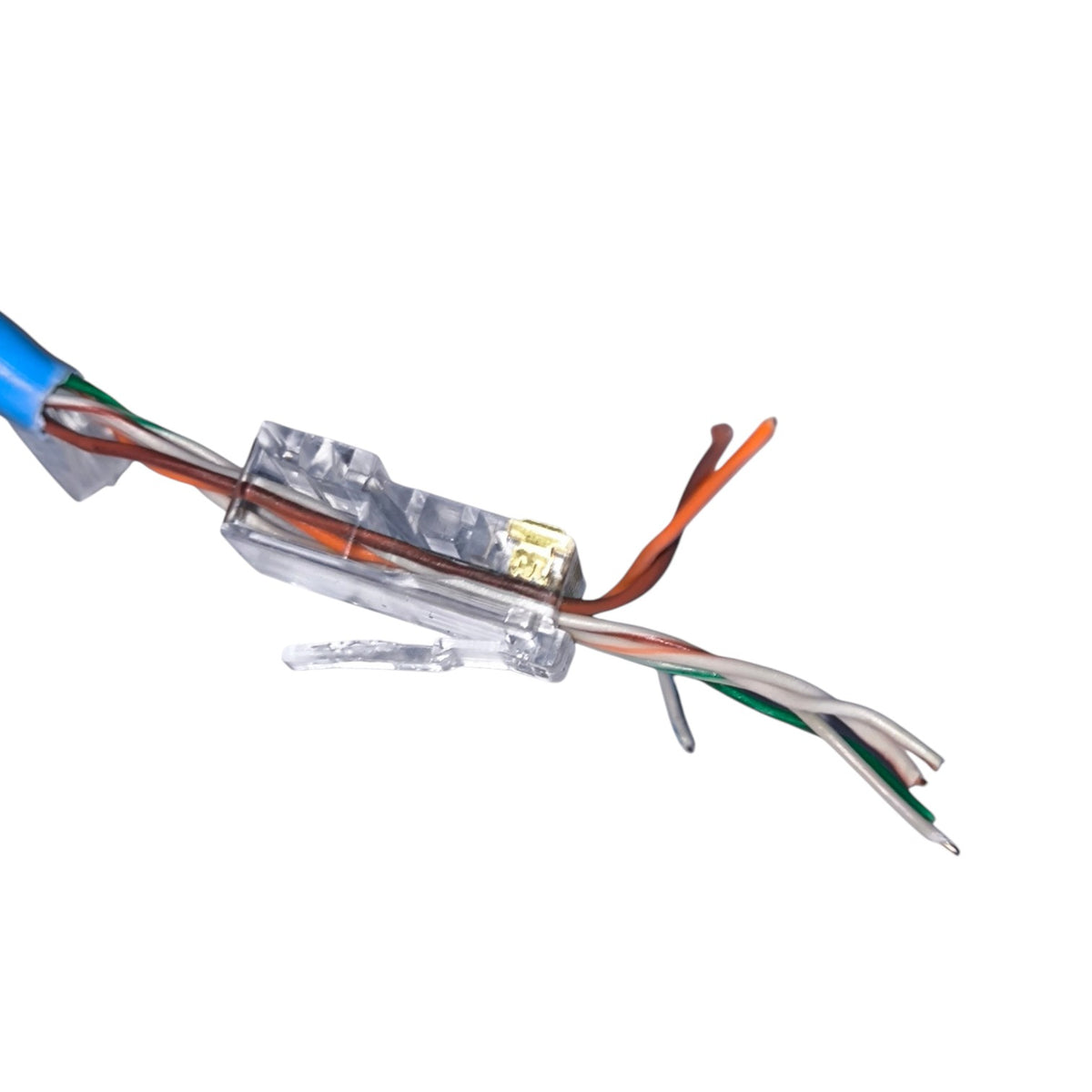 A close-up of a blue Ethernet cable with its inner wires stripped out, showing orange, white, and green twisted pairs, secured with clear tape and a small clear connector, on a white background.