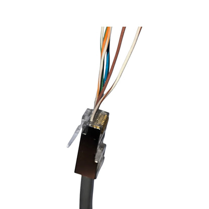 A close-up of an RJ45 Ethernet connector with multicolored internal wires visible, on a plain white background.