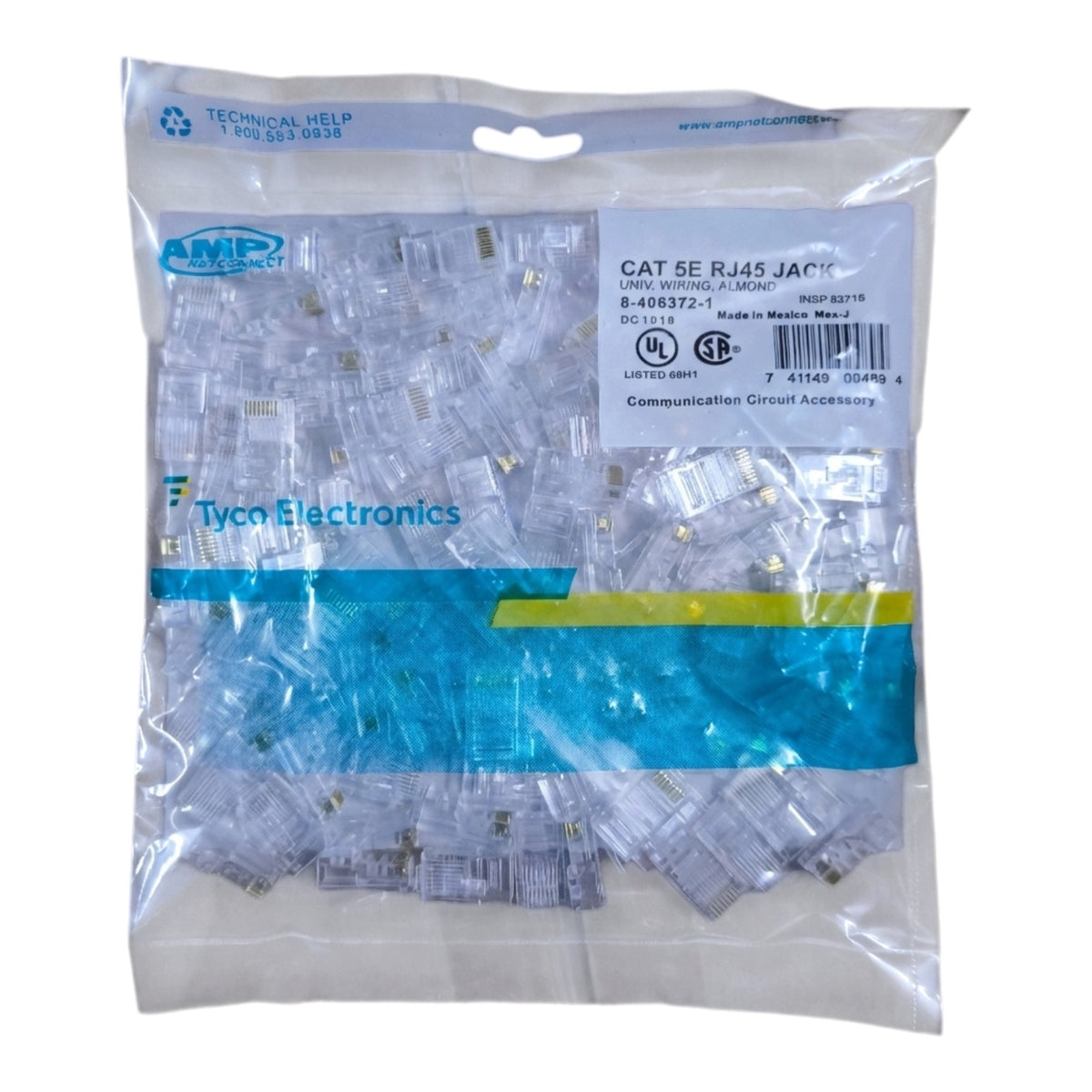 A clear plastic bag containing many CAT 5E RJ45 jack connectors, with a white product label and blue Tyco Electronics branding visible on the packaging.