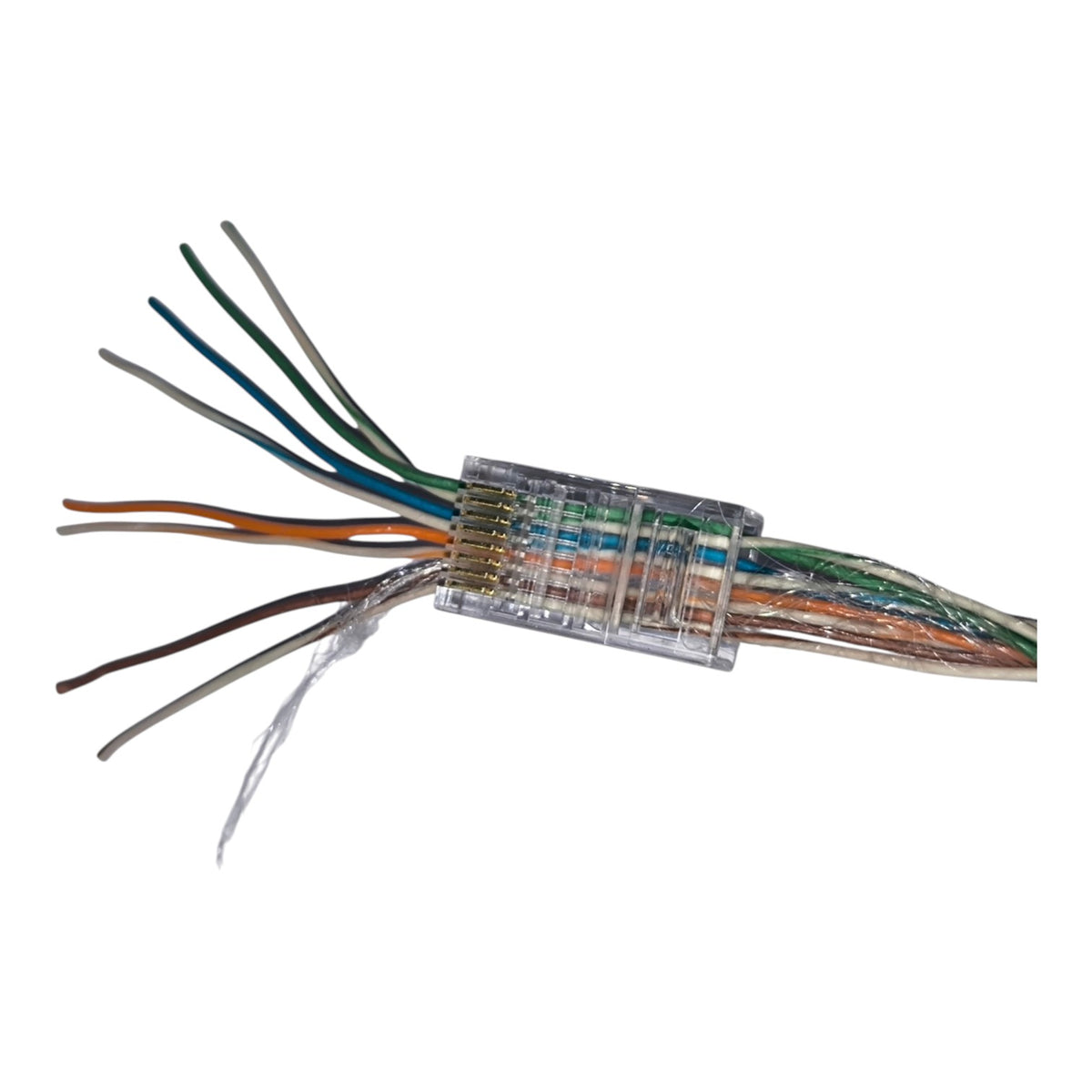 Five clear RJ45 Ethernet connector modules with gold-plated pins, shown from various angles on a white background.