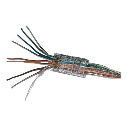 Five clear RJ45 Ethernet connector modules with gold-plated pins, shown from various angles on a white background.