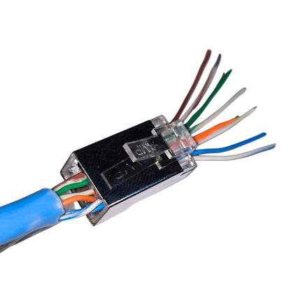 RJ45 Ethernet connector with a blue Ethernet cable, showing eight colored wire strands (orange, green, white, brown, blue, gray, light gray) inside a black and clear plastic modular patch panel.