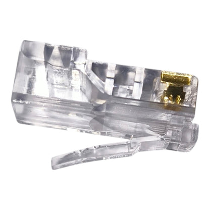 A single RJ45 network connector with a transparent plastic housing and gold-plated metal contacts, isolated on a white background.