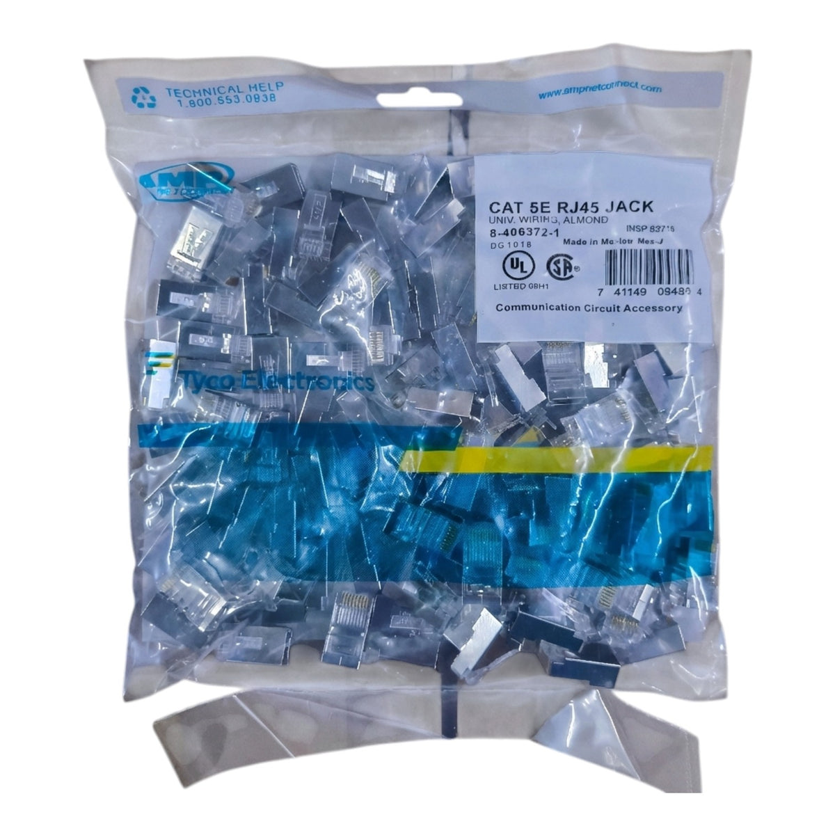 A clear plastic bag filled with many small RJ45 jack connectors, with a white product label on the front. The connectors appear translucent blue-gray, and the bag has blue branding text and a yellow stripe near the bottom.
