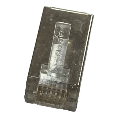 A single RJ45 Ethernet connector with a clear plastic cover and a silver metal contact face, shown on a plain white background.