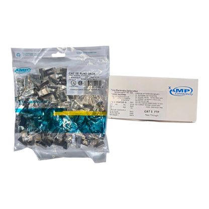 A clear plastic bag filled with small silver metal electronic components next to a white cardboard box, both branded AMP, on a plain white background.