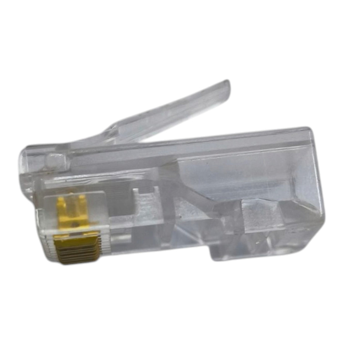 A single RJ45 Ethernet connector with a transparent plastic housing and gold-plated contacts, shown on a plain white background.