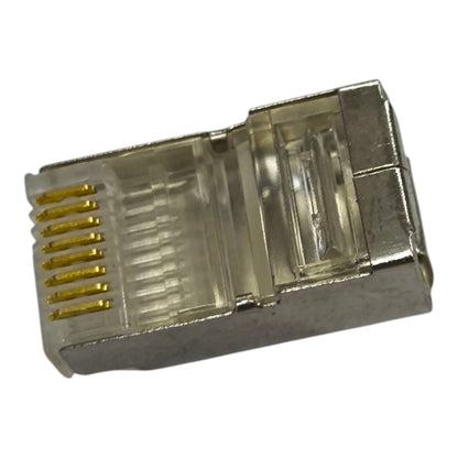 A single RJ45 Ethernet connector with gold-plated pins and a clear plastic housing, isolated on a white background.