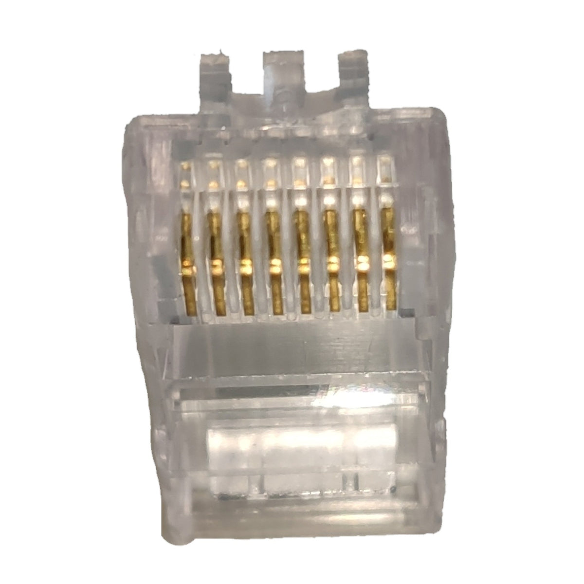 A single RJ45 Ethernet connector with gold-plated pins visible through a clear plastic housing, isolated on a white background.