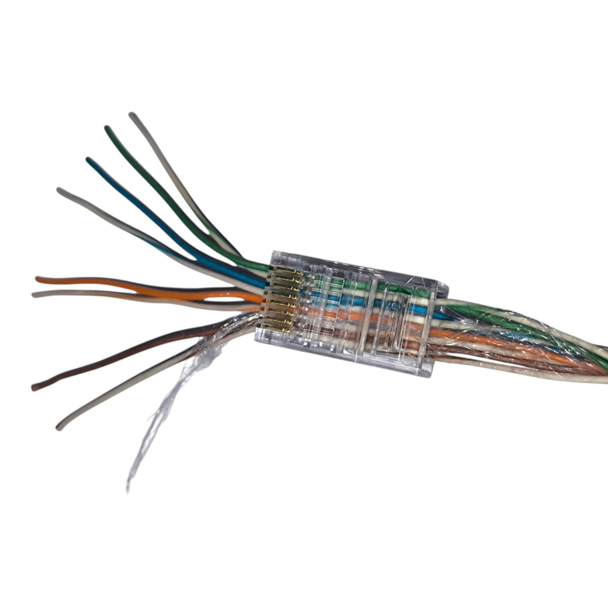 A RJ45 Ethernet cable connector showing multiple colored wire pairs extending from a clear plastic housing on a white background.