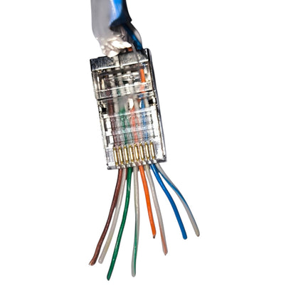 An RJ45 Ethernet patch panel or network cable connector with multiple colored wires visible inside and extending downward, isolated on a white background.
