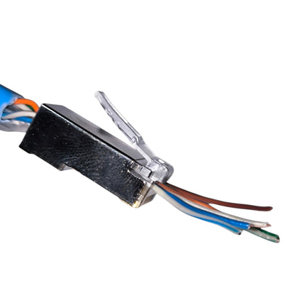 A close-up of a multi-colored cable connector with a black textured sleeve, clear plastic housing, and exposed wires in blue, brown, orange, and green on a white background.