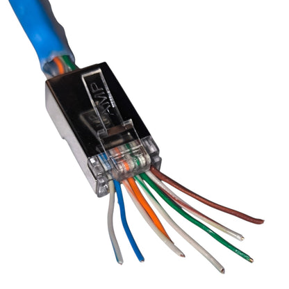 RJ45 Ethernet network connector with a blue Ethernet cable and eight colored wire pairs, shown on a white background.