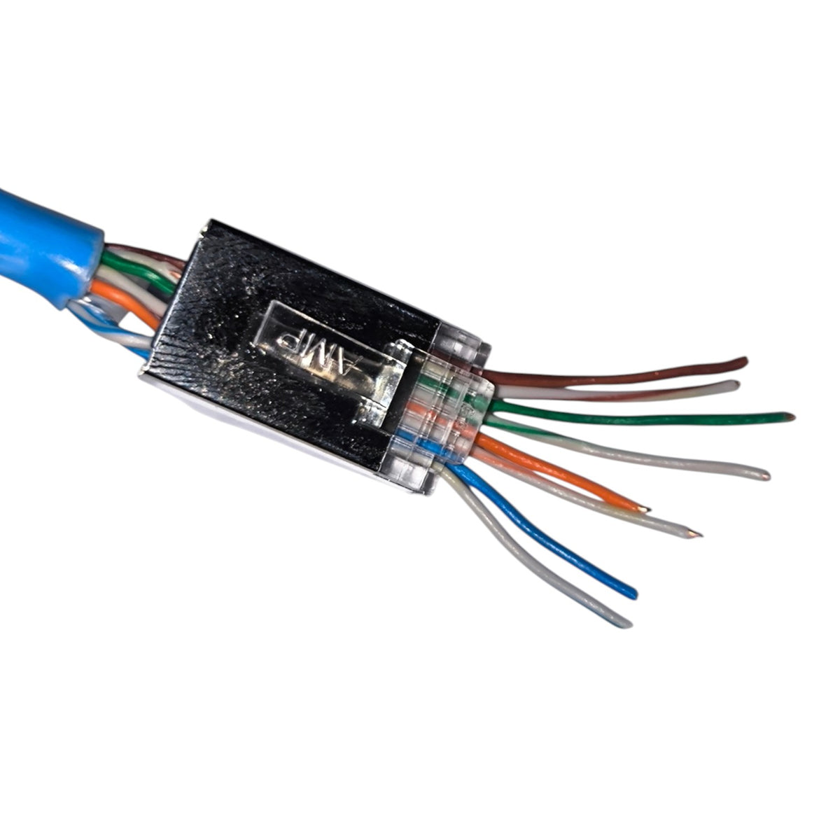 A close-up of a blue Ethernet cable terminated with a black RJ45 connector showing eight colored wires inside a clear protective cover, isolated on a white background.