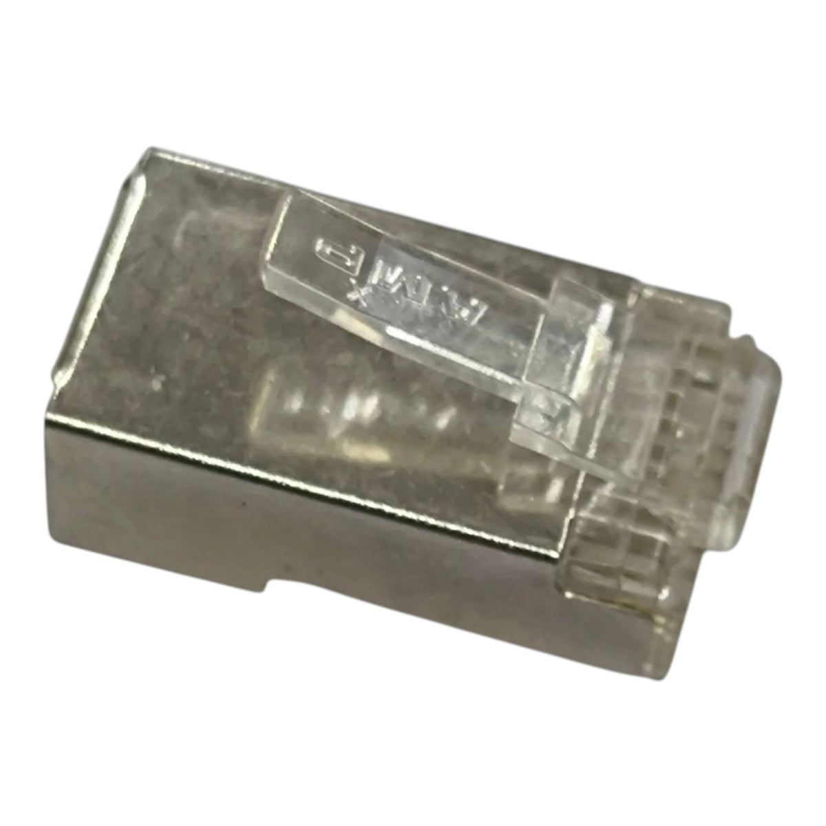 A single RJ45 Ethernet connector with a clear plastic protective cover and silver metal contacts, shown on a plain white background.