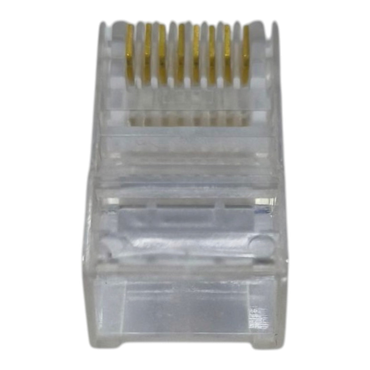 A single RJ45 Ethernet connector with gold-plated pins visible inside a clear plastic housing, isolated on a white background.