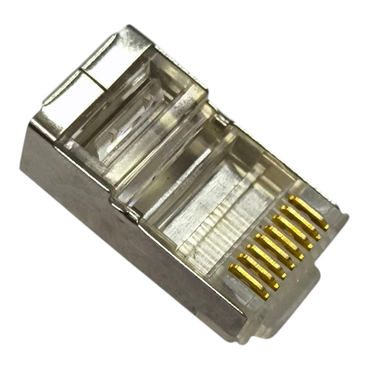 A single RJ45 Ethernet network connector with gold-plated pins visible inside a clear plastic housing, isolated on a white background.