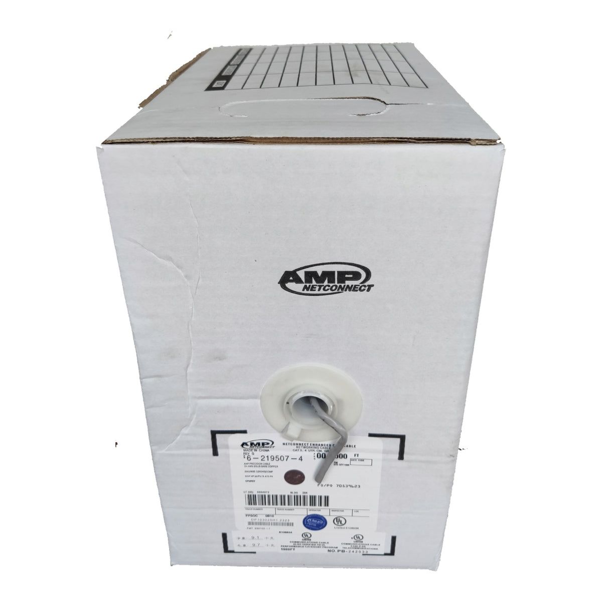 A white cardboard shipping box with the AMP NetConnect logo printed on the front, featuring a white spool label and barcode sticker near the bottom.