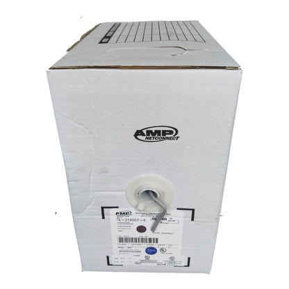 A white cardboard shipping box with the AMP NetConnect logo printed on the front, featuring a white spool label and barcode sticker near the bottom.