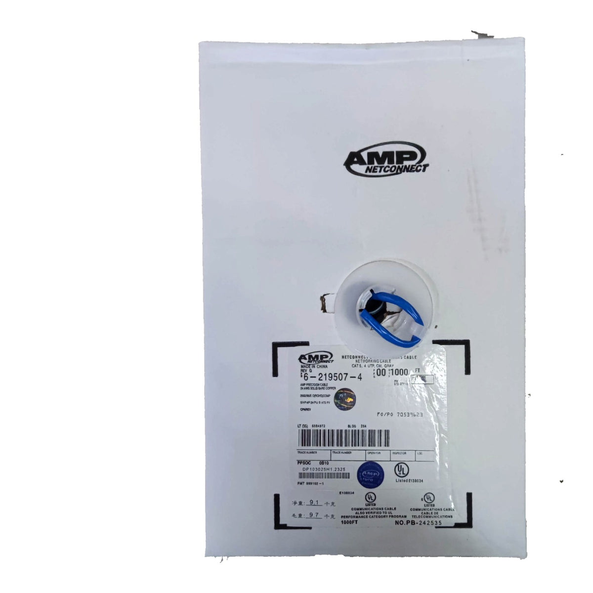 An AMP NetConnect replacement part in its white retail packaging, featuring a clear plastic window showing a blue and white connector inside, with a product label at the bottom.