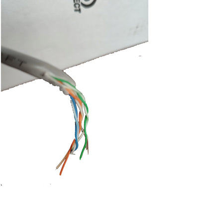 A close-up of a gray Ethernet cable with its outer sheath stripped back to show the internal twisted pairs of orange, green, blue, white, and brown wires, set against a white background.