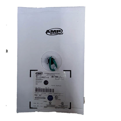 A white AMP NetConnect electrical cable tray or conduit sleeve with a circular opening showing green and white internal wires, featuring a printed product label with barcode and specifications.