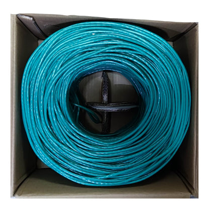 A large coil of bright teal electrical wire or cable inside an open brown cardboard box, photographed from directly above.