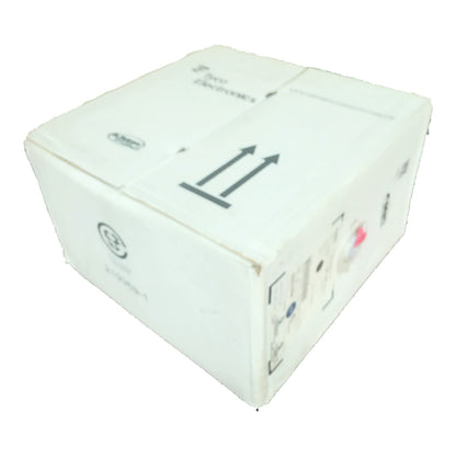 A white cardboard shipping box with black printed arrows, handling symbols, and shipping labels, isolated on a white background.