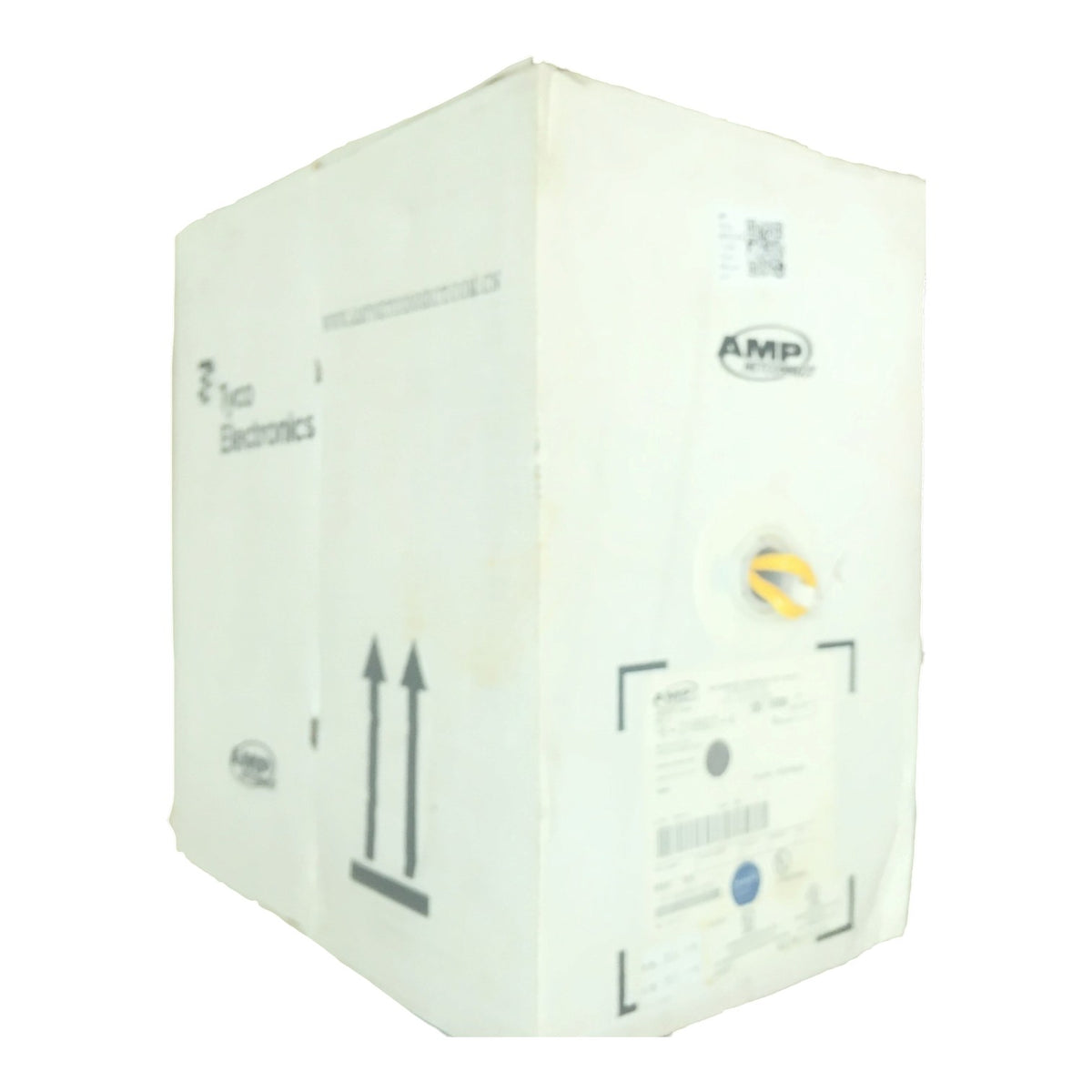 A large white cardboard shipping box with printed black text, arrows, and labels, including an AMP logo, isolated on a white background.