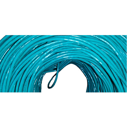 A coiled bundle of bright turquoise blue cable or wire on a plain white background.
