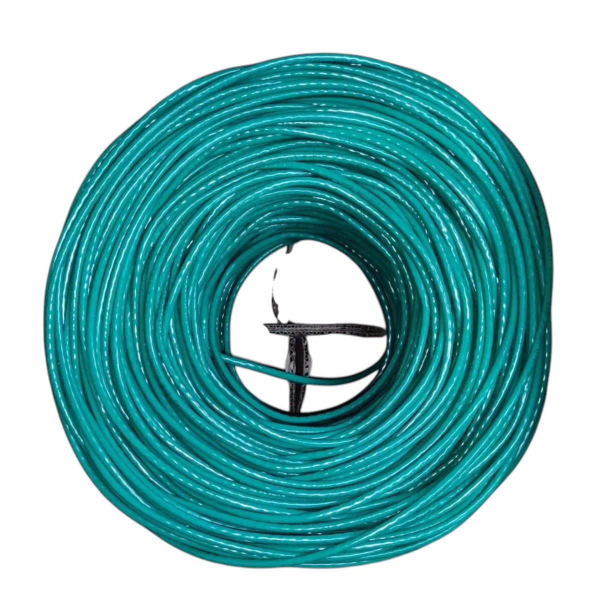 A coiled teal green garden hose or wire shown from above on a plain white background.